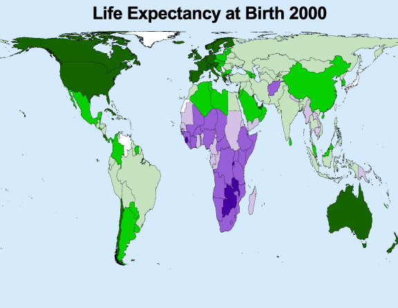 Beräknad medellivslängd i världen för de födda år 2000 eller efter